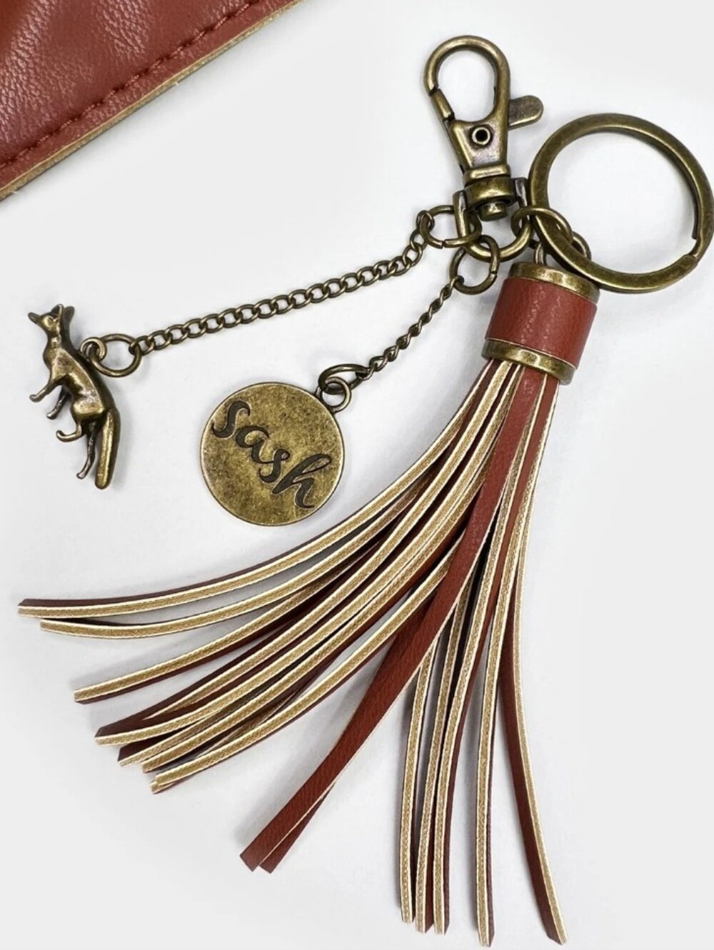 SASH Handbag Leather FOX Charm Cognac BROWN Tassel Key RING New Clip Box Gift